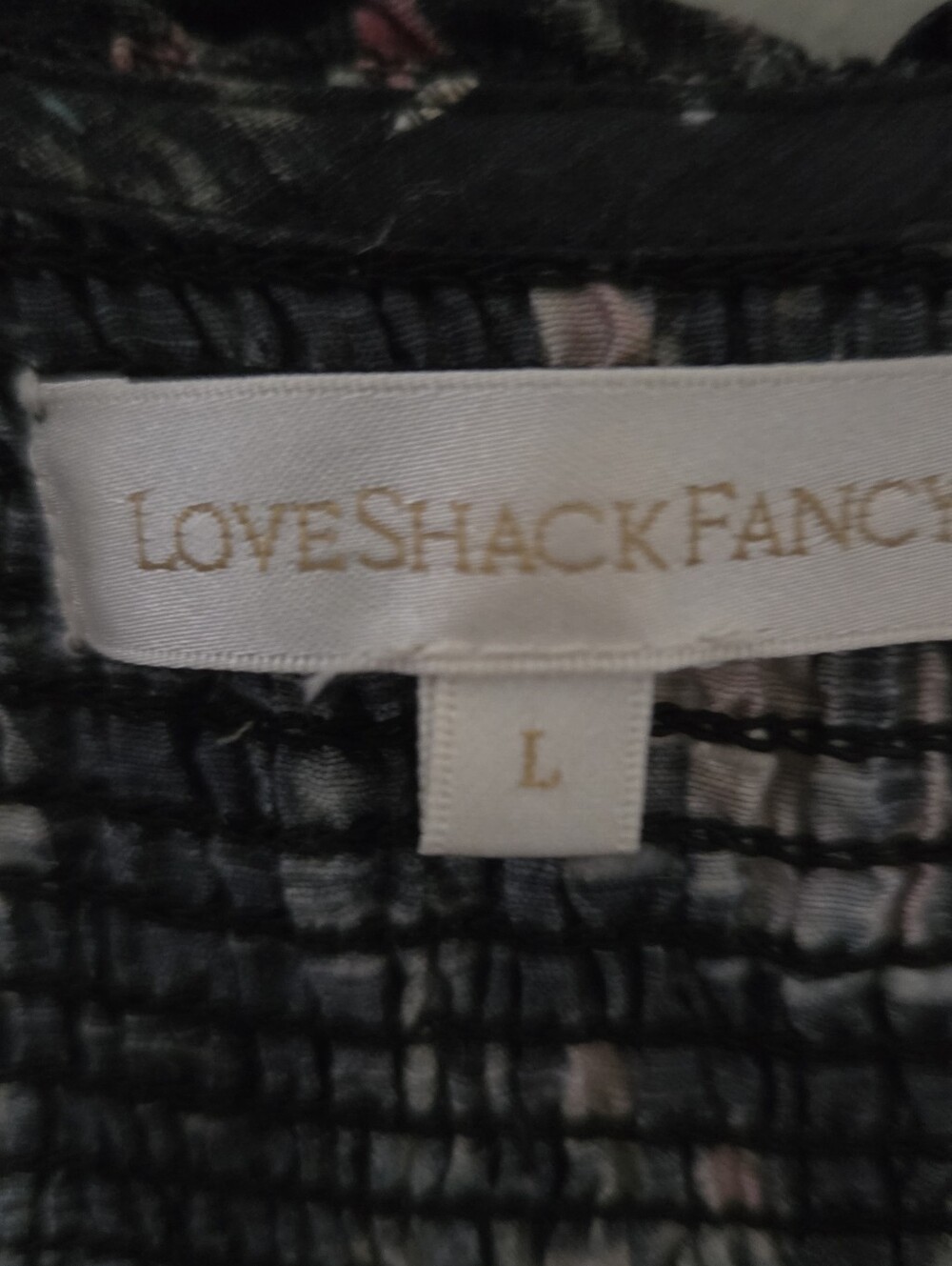 LoveShackFancy Women's Black Floral Smocked 100% Silk Boho Mini Dress Sz L - Picture 12 of 13